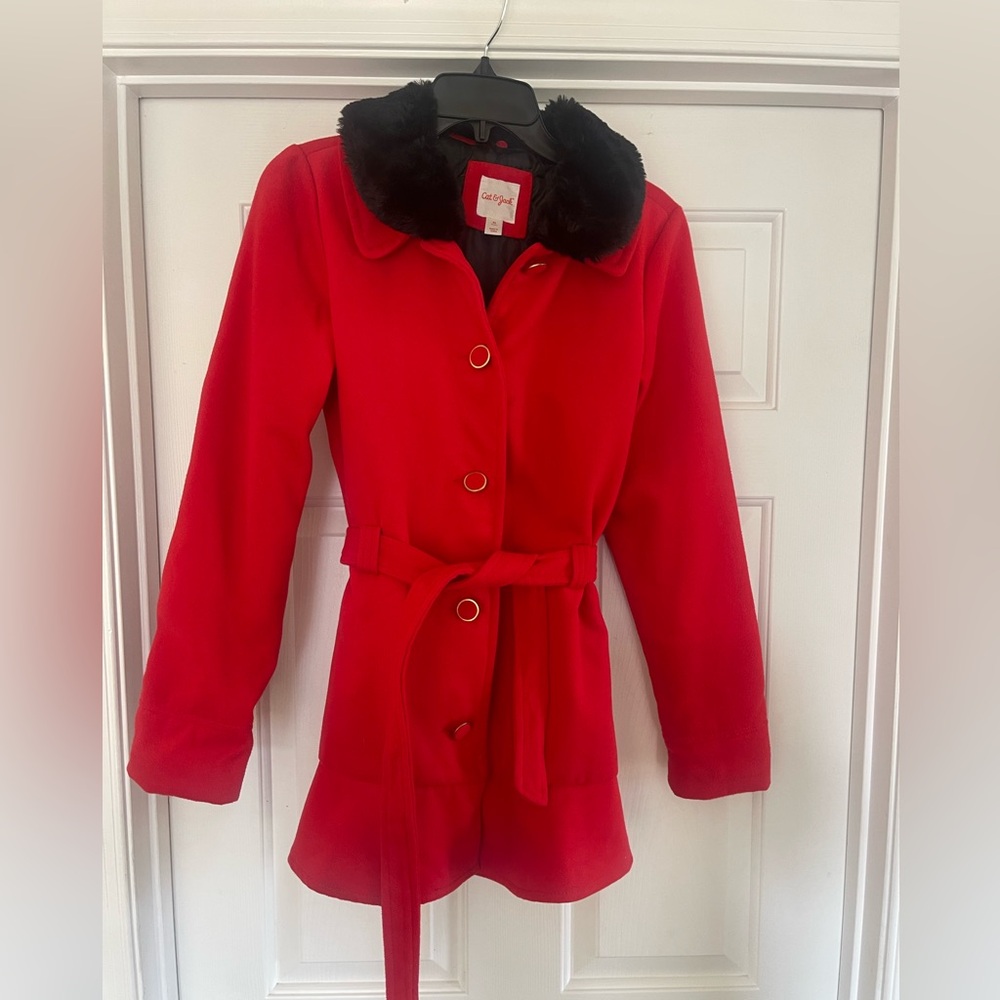 Girls Cat & Jack Red Trench Coat with detachable Black Collar